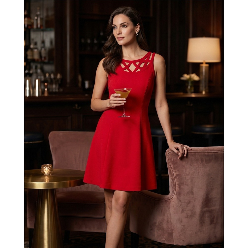 White House Black Market 4 Red Lattice Neck Fit & Flare Cocktail Dress